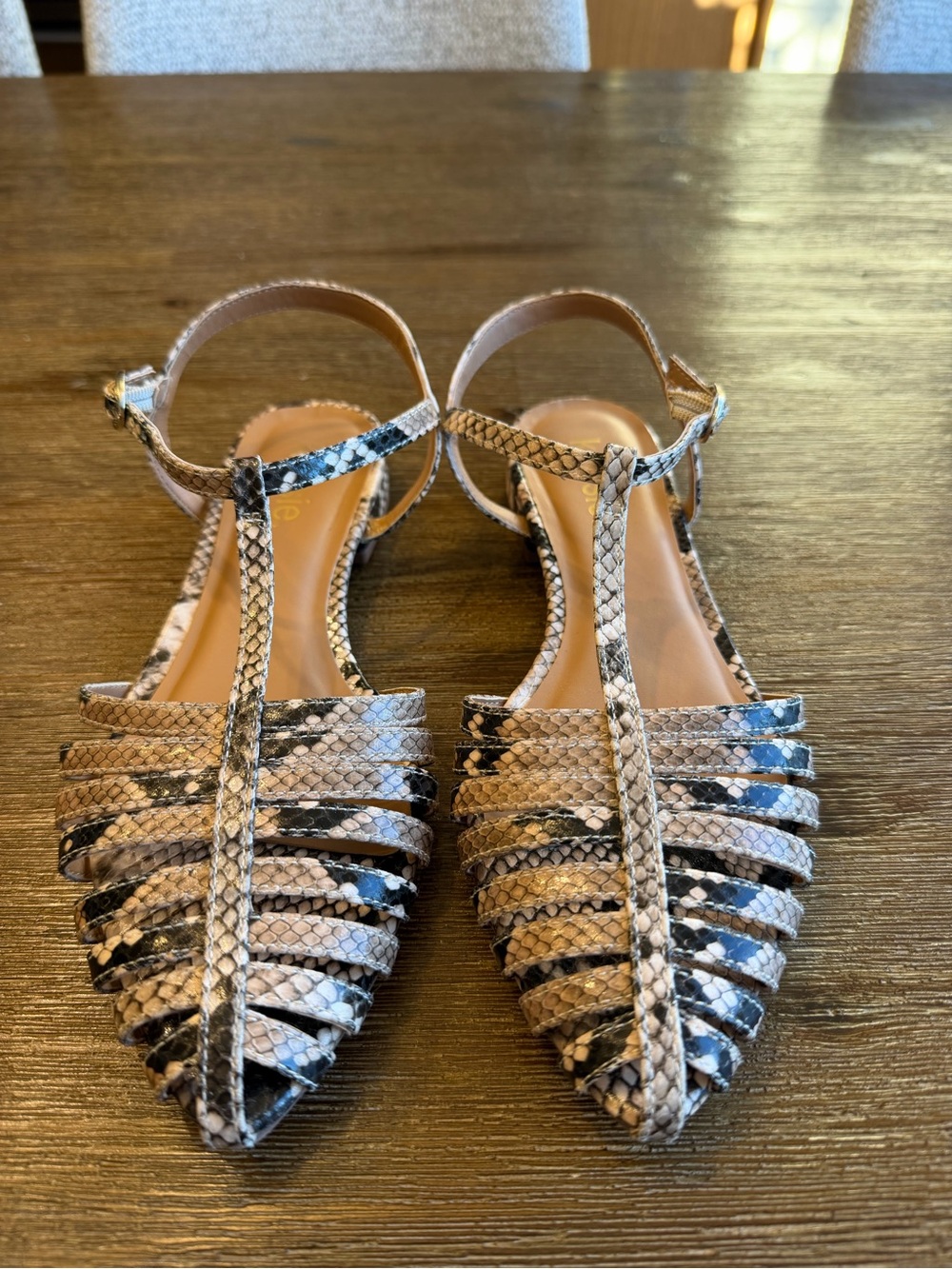 Kensie Snake-Print T-Strap Pointed Flats in Beige and Black